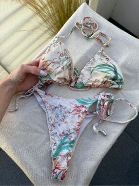 Monday Swimwear Floral Tie-Side Triangle Bikini in Cream and Green